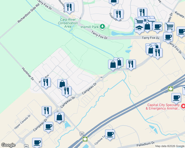 map of restaurants, bars, coffee shops, grocery stores, and more near 521 Winterset Road in Ottawa