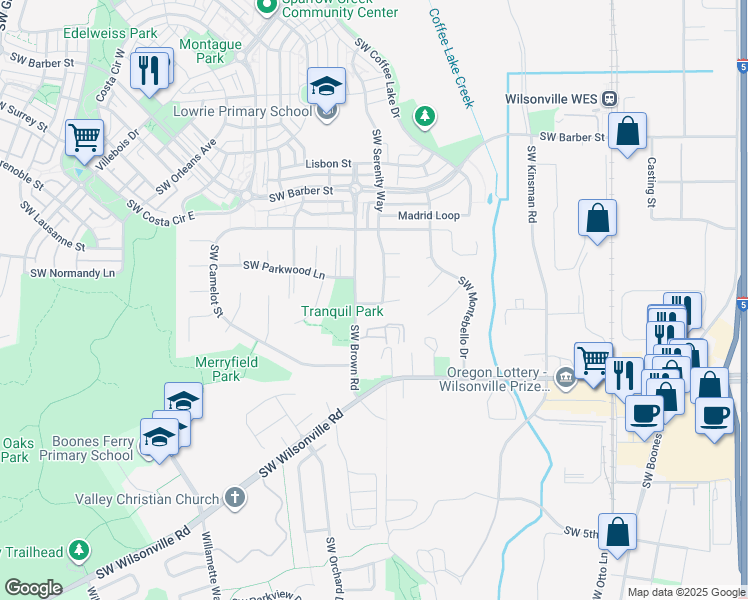 map of restaurants, bars, coffee shops, grocery stores, and more near 29585 Southwest Serenity Way in Wilsonville