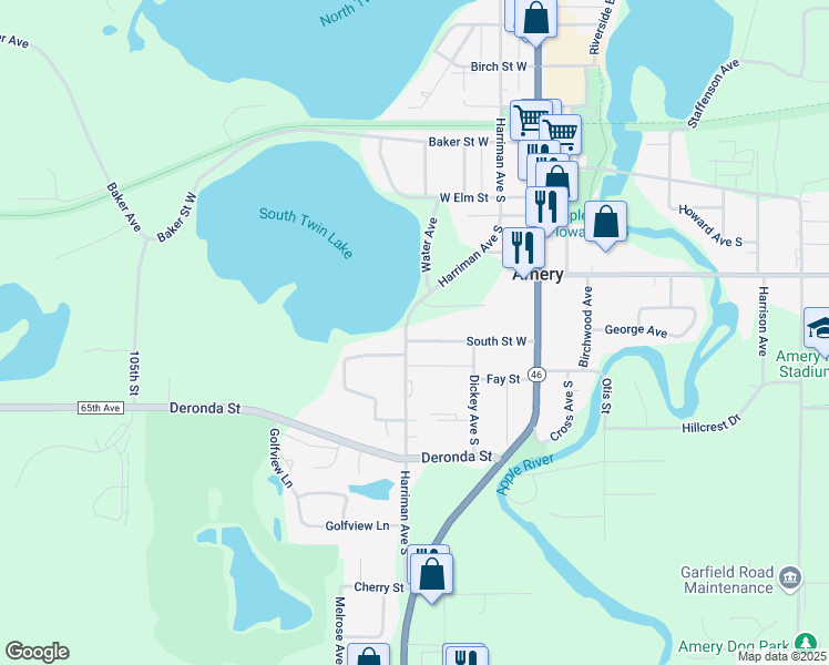 map of restaurants, bars, coffee shops, grocery stores, and more near 242 South Saint West in Amery