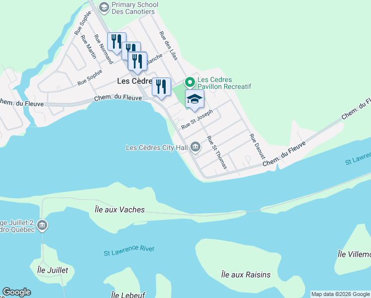 map of restaurants, bars, coffee shops, grocery stores, and more near 1075 Chemin du Fleuve in Les Cèdres