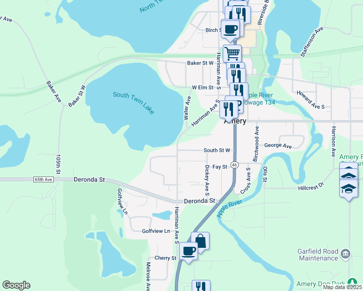 map of restaurants, bars, coffee shops, grocery stores, and more near 242 South Saint West in Amery