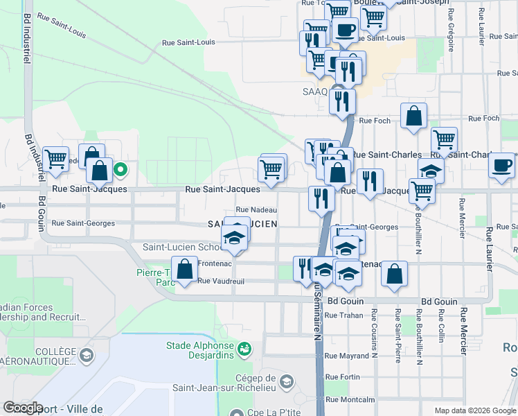 map of restaurants, bars, coffee shops, grocery stores, and more near Rue Alexandre Nadeau in Saint-Jean-sur-Richelieu