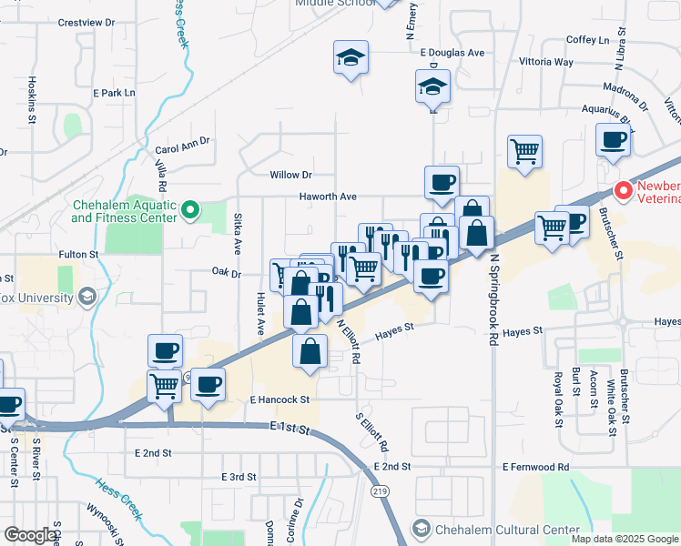 map of restaurants, bars, coffee shops, grocery stores, and more near 712 Elliott Road in Newberg