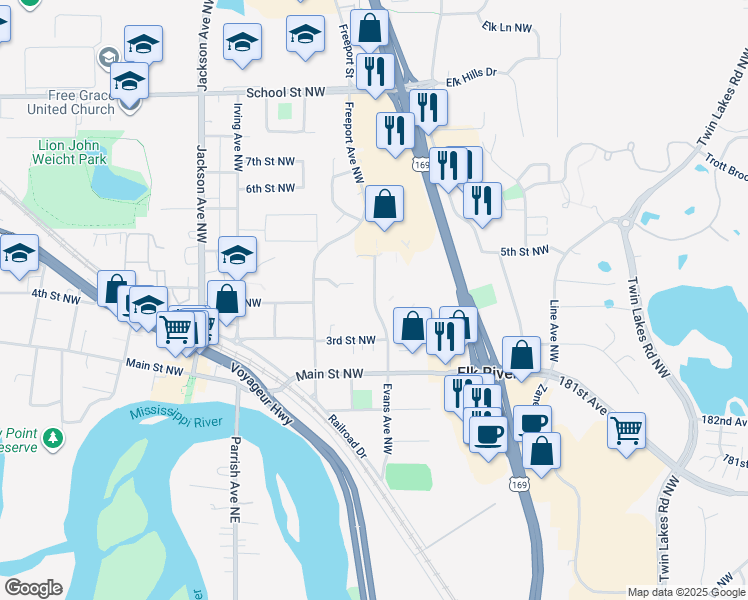 map of restaurants, bars, coffee shops, grocery stores, and more near 341 Evans Avenue Northwest in Elk River