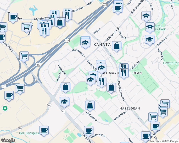map of restaurants, bars, coffee shops, grocery stores, and more near 11 Haywood Crescent in Ottawa