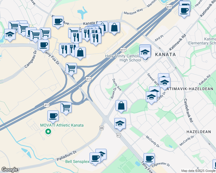 map of restaurants, bars, coffee shops, grocery stores, and more near 23 Conant Place in Ottawa