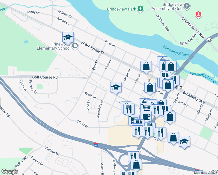 map of restaurants, bars, coffee shops, grocery stores, and more near 498 Minnesota Street in Monticello