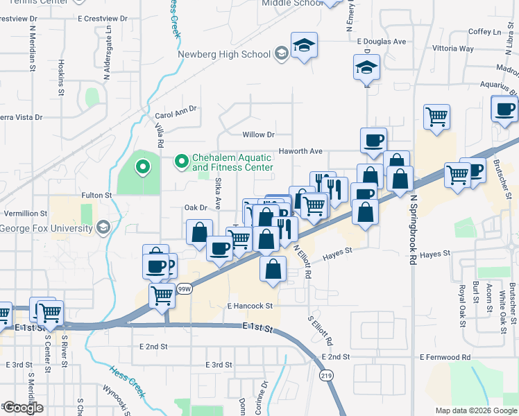 map of restaurants, bars, coffee shops, grocery stores, and more near 2215 Oak Drive in Newberg