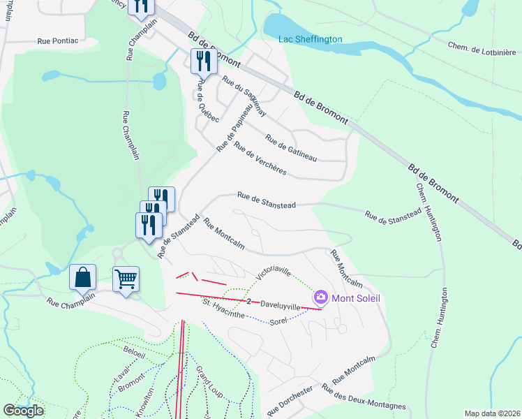 map of restaurants, bars, coffee shops, grocery stores, and more near Rue de Stanstead in Bromont
