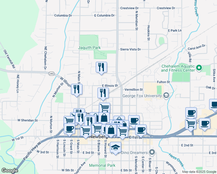 map of restaurants, bars, coffee shops, grocery stores, and more near 500 East Illinois Street in Newberg
