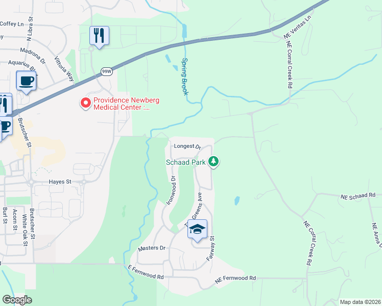 map of restaurants, bars, coffee shops, grocery stores, and more near 631 Ironwood Drive in Newberg