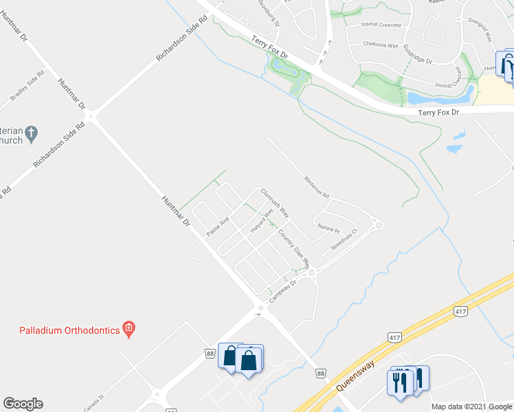 map of restaurants, bars, coffee shops, grocery stores, and more near 139 Sweetwater Lane in Ottawa