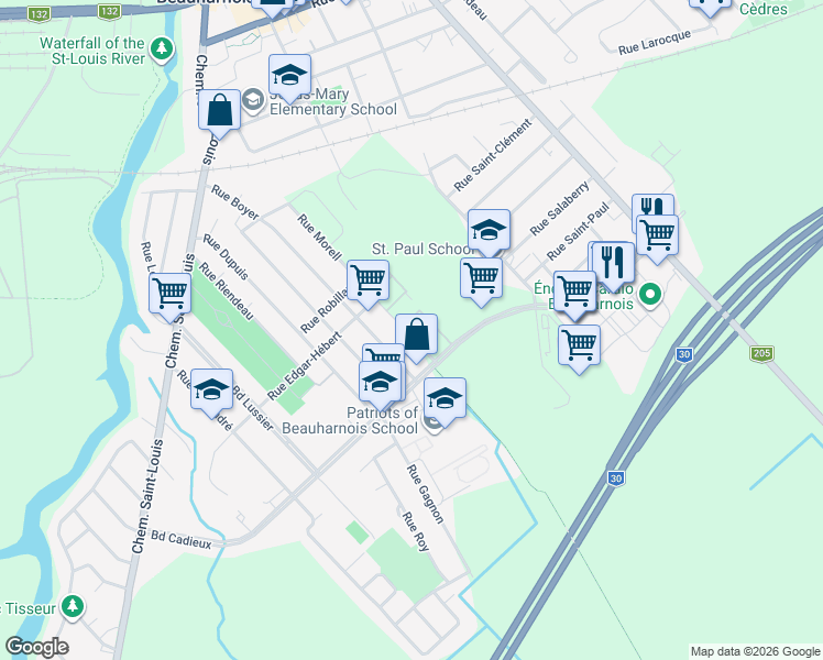 map of restaurants, bars, coffee shops, grocery stores, and more near 60 Rue Morell in Beauharnois