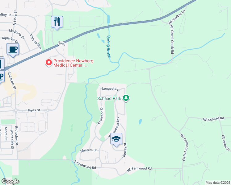 map of restaurants, bars, coffee shops, grocery stores, and more near 641 Ironwood Drive in Newberg