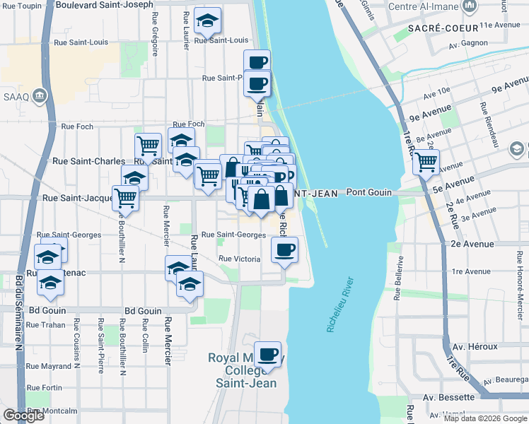 map of restaurants, bars, coffee shops, grocery stores, and more near 181 Rue Champlain in Saint-Jean-sur-Richelieu