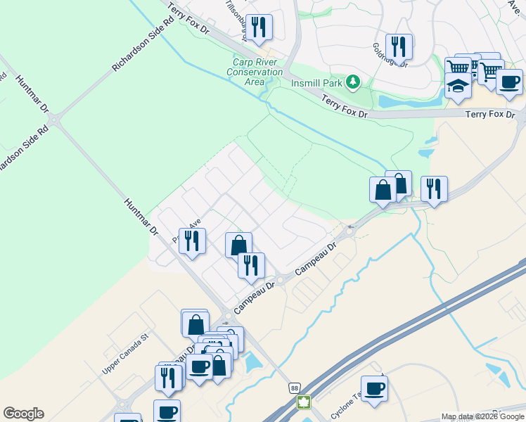 map of restaurants, bars, coffee shops, grocery stores, and more near 1005 Parabolica Way in Ottawa