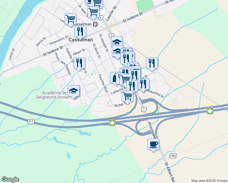 map of restaurants, bars, coffee shops, grocery stores, and more near 88 Lafleche Boulevard in Casselman