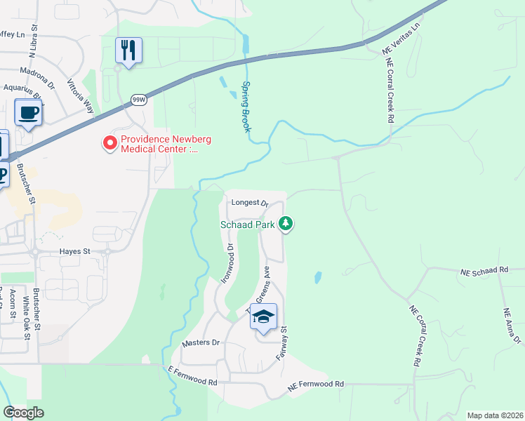map of restaurants, bars, coffee shops, grocery stores, and more near 641 Ironwood Drive in Newberg