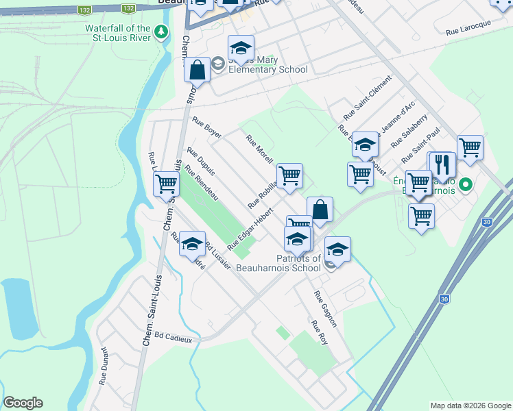 map of restaurants, bars, coffee shops, grocery stores, and more near 800 Rue Robillard in Beauharnois