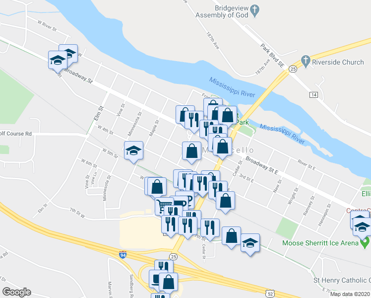 map of restaurants, bars, coffee shops, grocery stores, and more near 398 Locust Street in Monticello