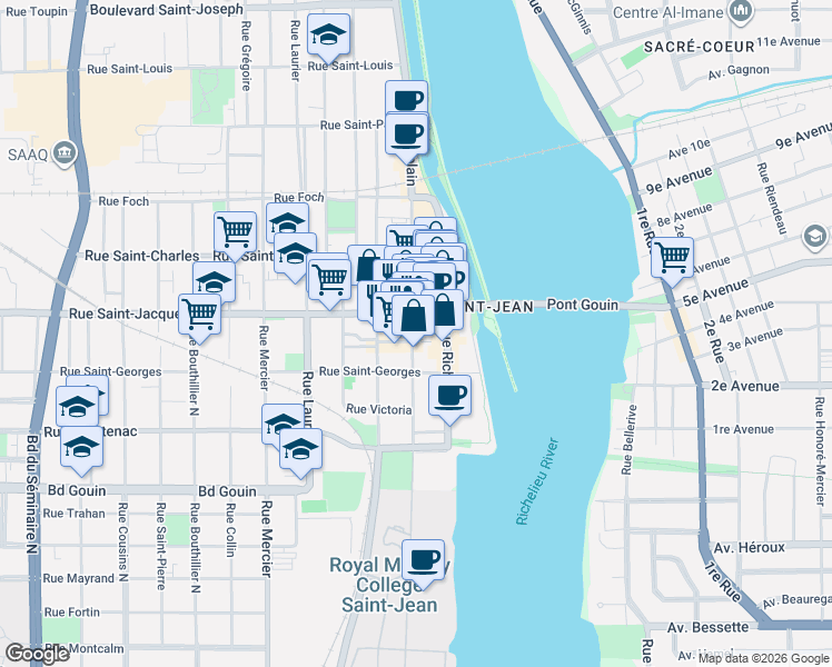 map of restaurants, bars, coffee shops, grocery stores, and more near 181 Rue Champlain in Saint-Jean-sur-Richelieu