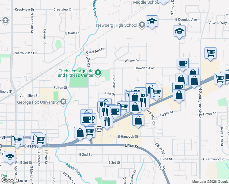 map of restaurants, bars, coffee shops, grocery stores, and more near 801 Sitka Avenue in Newberg