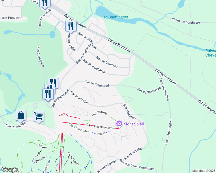 map of restaurants, bars, coffee shops, grocery stores, and more near Rue de Stanstead in Bromont