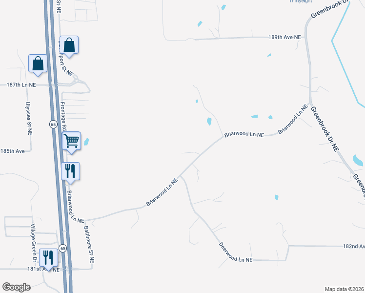 map of restaurants, bars, coffee shops, grocery stores, and more near 1925 Briarwood Lane Northeast in East Bethel
