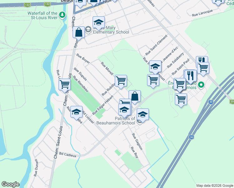 map of restaurants, bars, coffee shops, grocery stores, and more near 199 Rue Edgar-Hébert in Beauharnois