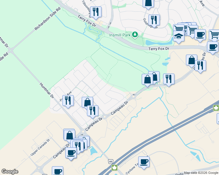 map of restaurants, bars, coffee shops, grocery stores, and more near 50 Natare Place in Ottawa