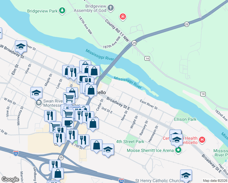 map of restaurants, bars, coffee shops, grocery stores, and more near 218 River Street East in Monticello