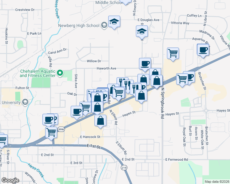 map of restaurants, bars, coffee shops, grocery stores, and more near 712 Elliott Road in Newberg