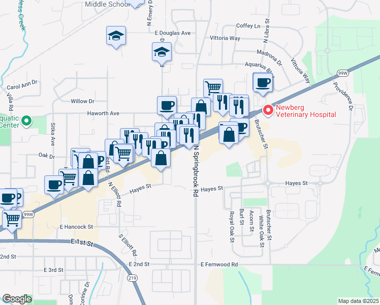 map of restaurants, bars, coffee shops, grocery stores, and more near 705 North Springbrook Road in Newberg