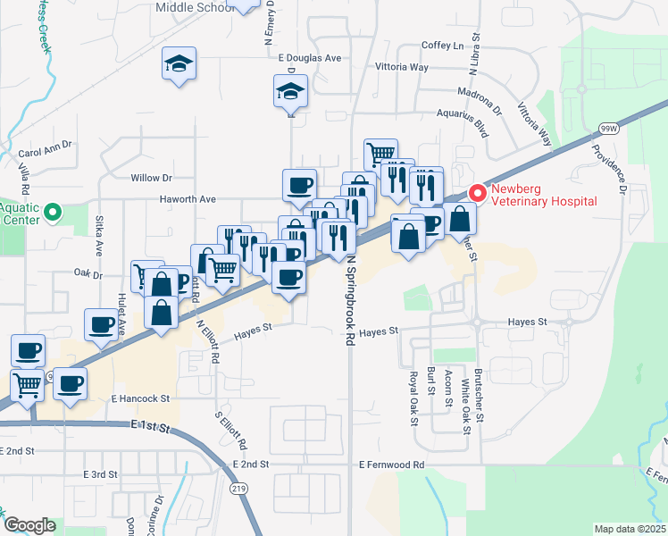 map of restaurants, bars, coffee shops, grocery stores, and more near in Newberg