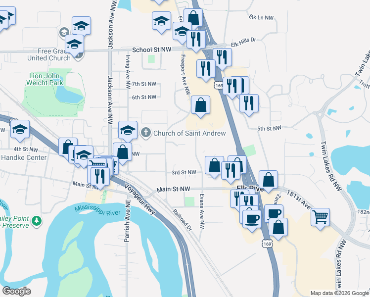 map of restaurants, bars, coffee shops, grocery stores, and more near 341 Evans Avenue Northwest in Elk River
