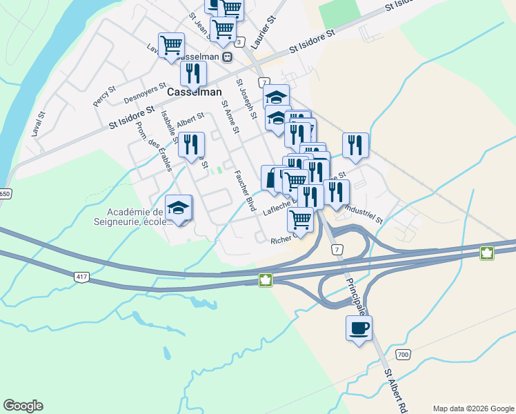 map of restaurants, bars, coffee shops, grocery stores, and more near 71 Faucher Boulevard in Casselman