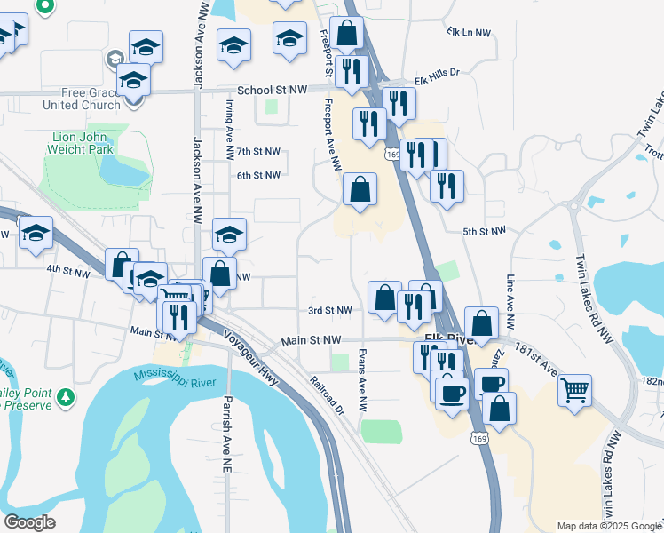 map of restaurants, bars, coffee shops, grocery stores, and more near 341 Evans Avenue Northwest in Elk River