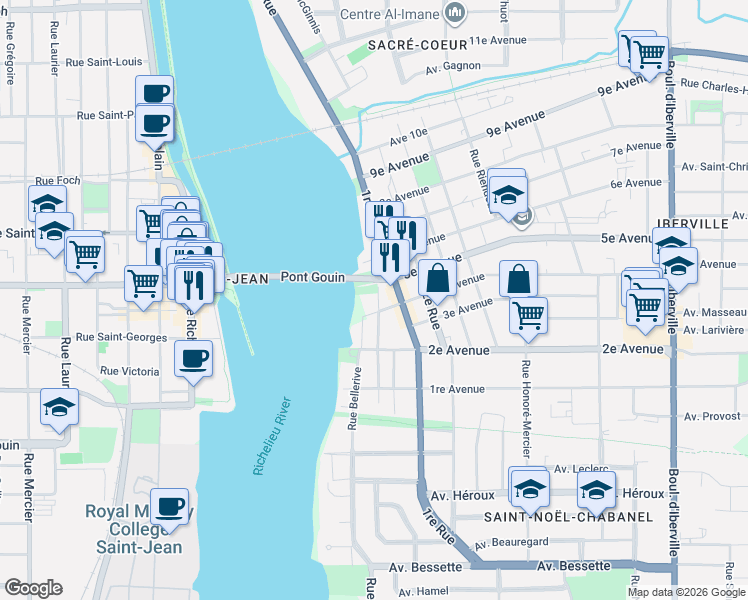 map of restaurants, bars, coffee shops, grocery stores, and more near 675 Rue Maria Boivin in Saint-Jean-sur-Richelieu
