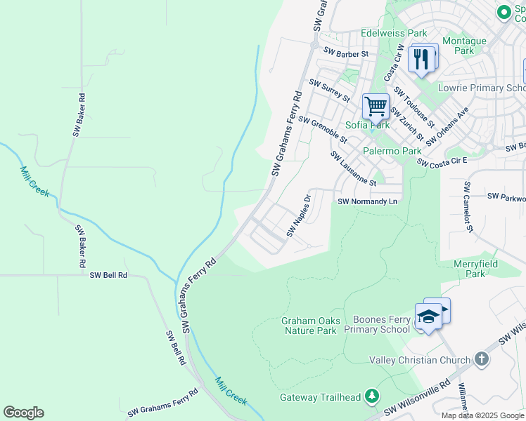 map of restaurants, bars, coffee shops, grocery stores, and more near 29657 Southwest Sicily Street in Wilsonville