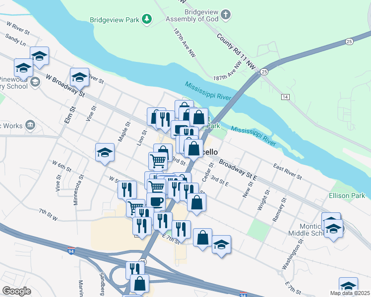 map of restaurants, bars, coffee shops, grocery stores, and more near 121 West Broadway Street in Monticello