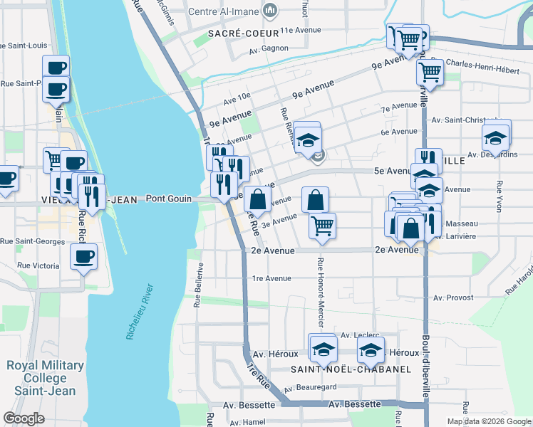 map of restaurants, bars, coffee shops, grocery stores, and more near 725 3e Rue in Saint-Jean-sur-Richelieu