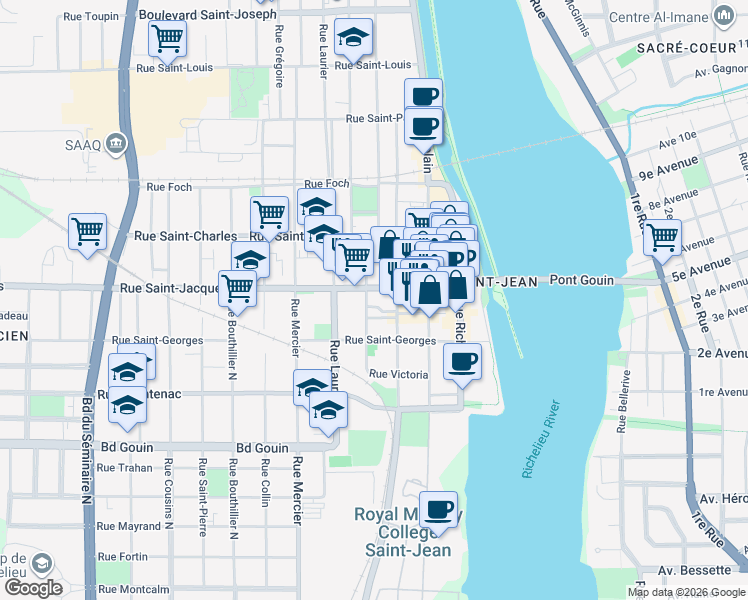 map of restaurants, bars, coffee shops, grocery stores, and more near 265 4e Avenue in Saint-Jean-sur-Richelieu