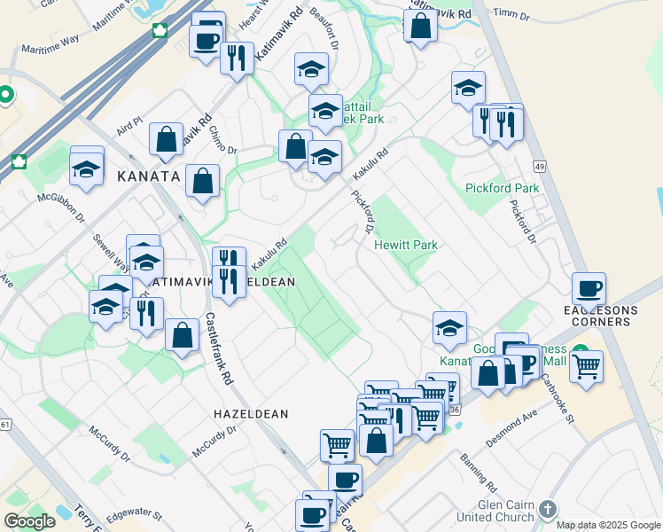 map of restaurants, bars, coffee shops, grocery stores, and more near 65 Shearer Crescent in Ottawa