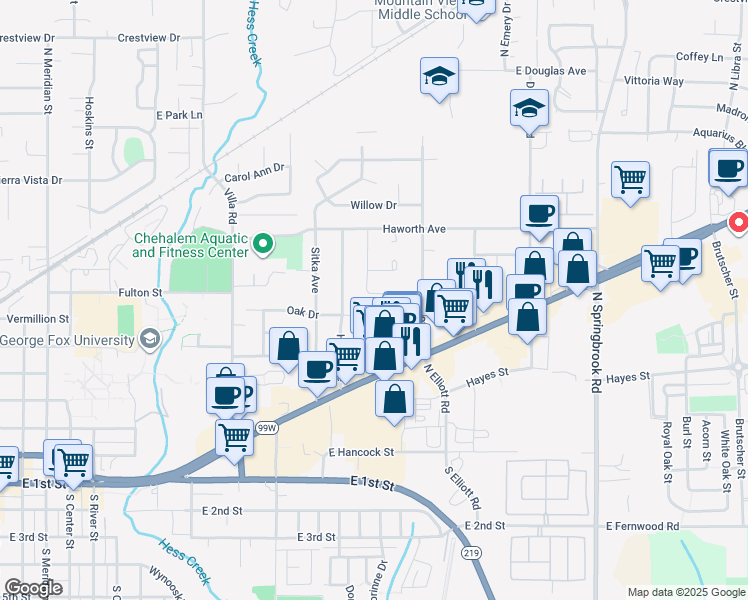 map of restaurants, bars, coffee shops, grocery stores, and more near 709 North Marie Avenue in Newberg