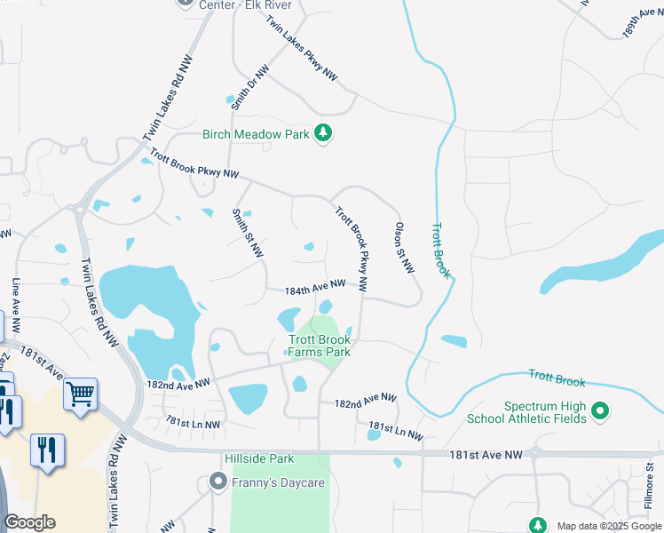 map of restaurants, bars, coffee shops, grocery stores, and more near 18469 Polk Circle Northwest in Elk River