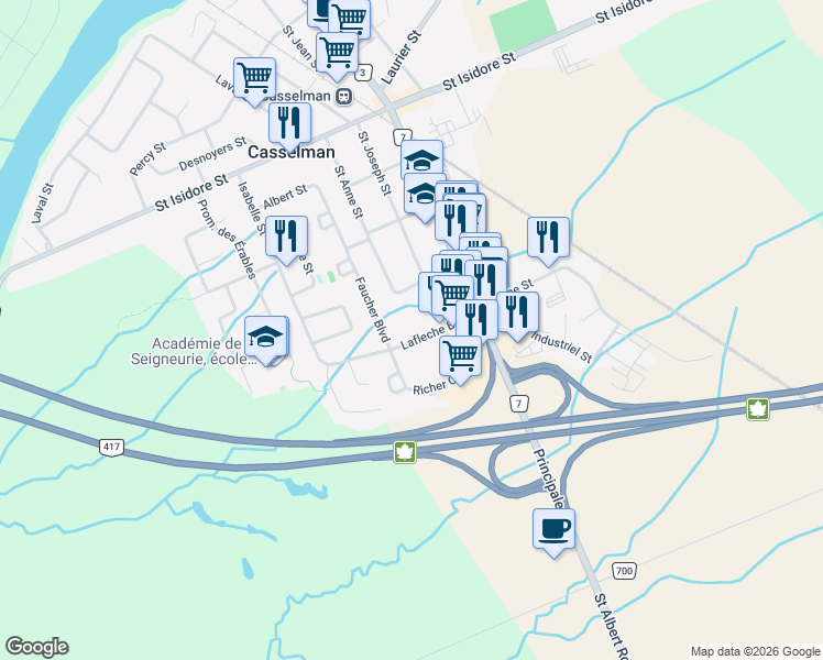 map of restaurants, bars, coffee shops, grocery stores, and more near 88 Lafleche Boulevard in Casselman