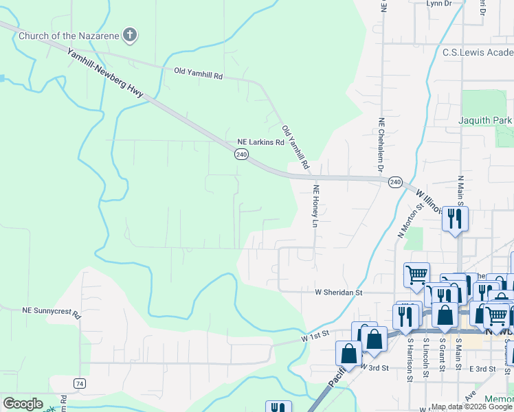 map of restaurants, bars, coffee shops, grocery stores, and more near 23895 Northeast Dillon Road in Newberg