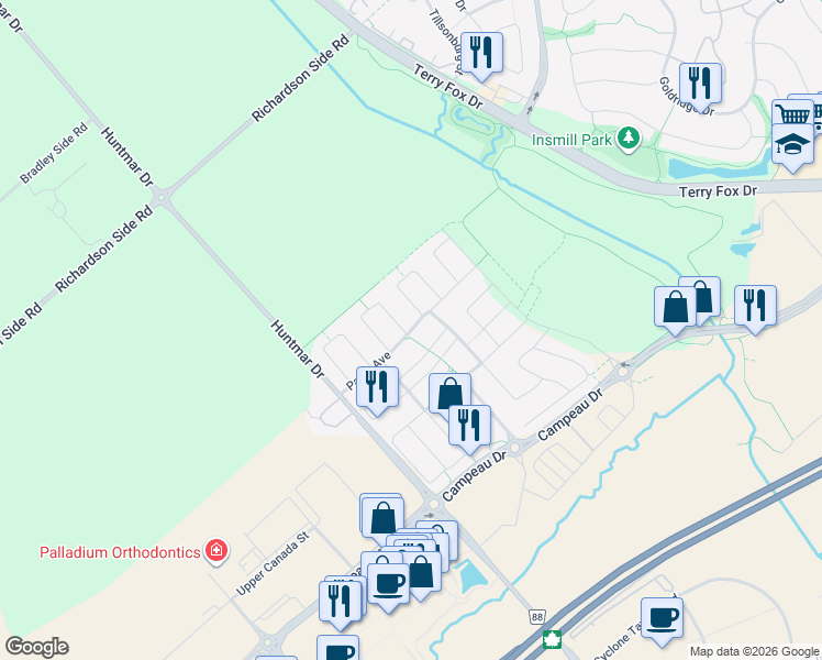 map of restaurants, bars, coffee shops, grocery stores, and more near Paine Avenue in Ottawa