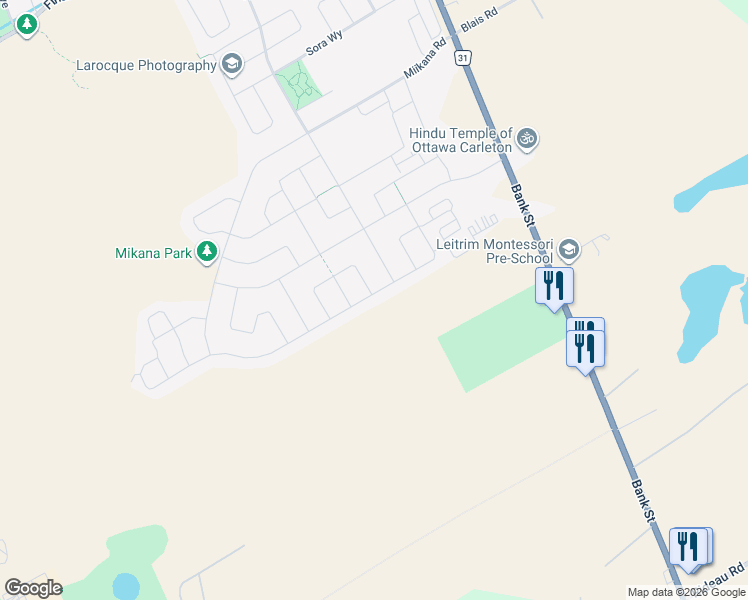 map of restaurants, bars, coffee shops, grocery stores, and more near 515 Paakanaak Avenue in Ottawa