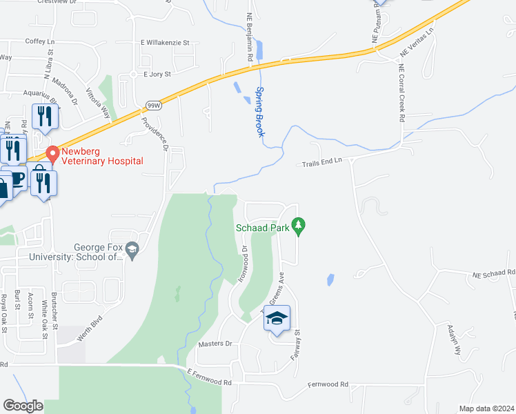 map of restaurants, bars, coffee shops, grocery stores, and more near 5024 Longest Drive in Newberg